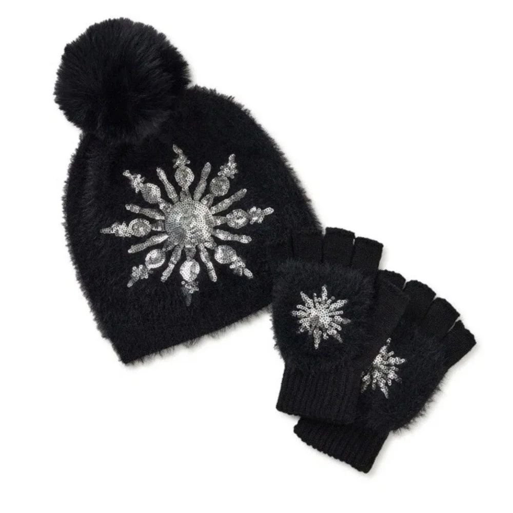 Ladies Winter Black knitted Beanie Sequins Hat & Fur Pom Pom And Mittens Set NWT